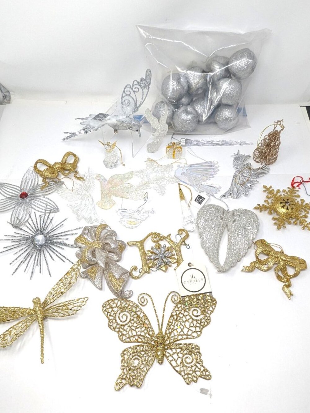 Christmas Ornaments Gold & Silver Glitter Lot Crystal Acrylic Clip on Bird 23 pc